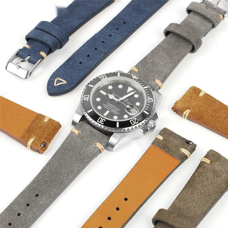 Genuine suede leather watch strap in Army Green colour showing textured surface and 22mm lug width.