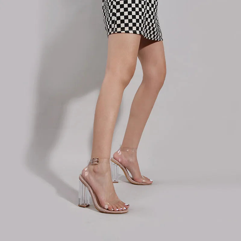 Women's apricot clear glass heel sandals with round toe and buckle fastening on melamine sole