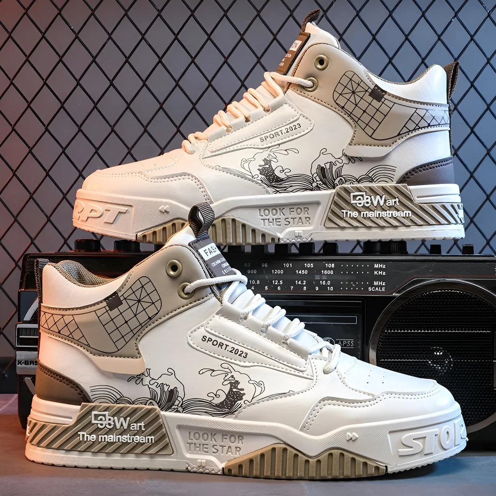Men's beige, white, and blue high-top lace-up board sneakers on a white background.