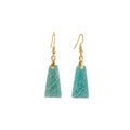 Gold trapezoid earrings with rough-cut amazonite stone and geometric detail on white background.
