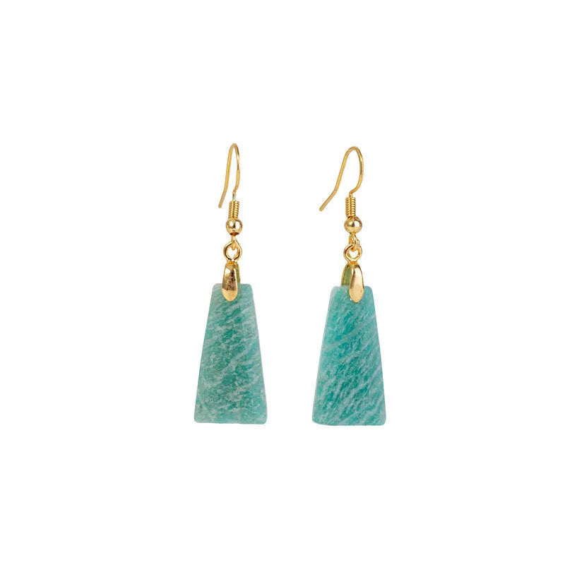 Gold trapezoid earrings with rough-cut amazonite stone and geometric detail on white background.