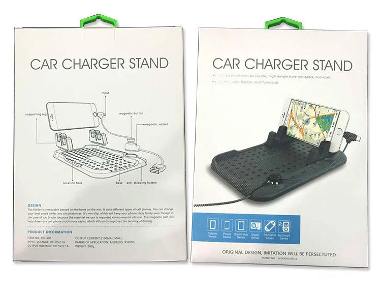 Black silicone car charging bracket mobile phone holder, 11x9.2cm, with magnetic charger and adjustable dashboard pad.
