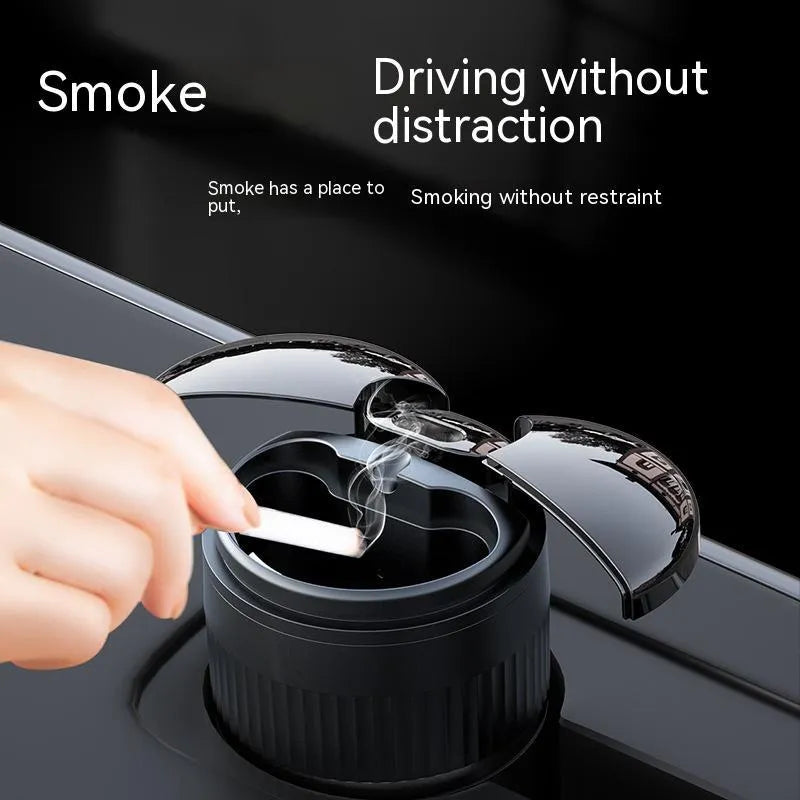 Automatic metal car ashtray with touch control in black colour, showing compact size and lid.