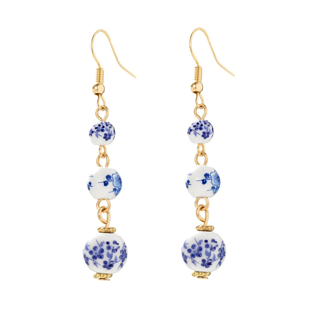 Blue and white porcelain ceramic bead long earrings with geometric alloy elements