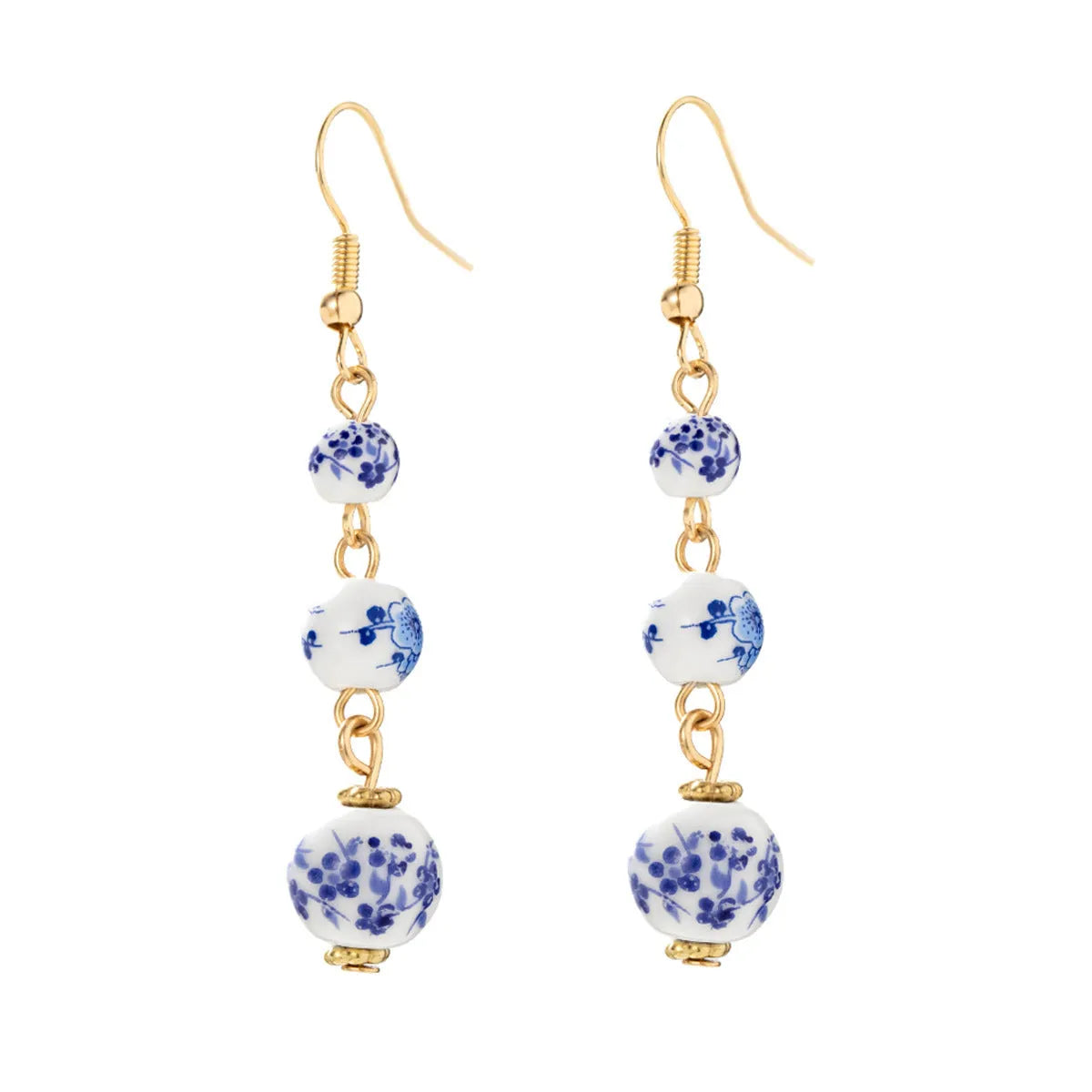 Blue and white porcelain ceramic bead long earrings with geometric alloy elements