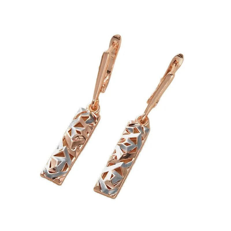 Rectangular hollow stud earrings with two-tone electroplated finish and geometric design