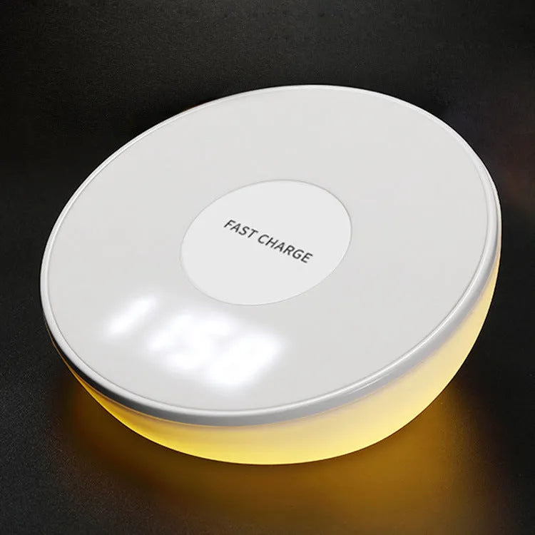 White QI wireless phone charger with clock display showing time, 10W fast charging capability