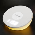 White QI wireless phone charger with clock display showing time, 10W fast charging capability