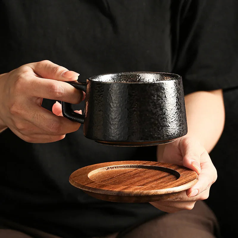 Ceramic coffee tumbler cup with gold-plated gift box and bag, 250ml capacity office gift set.