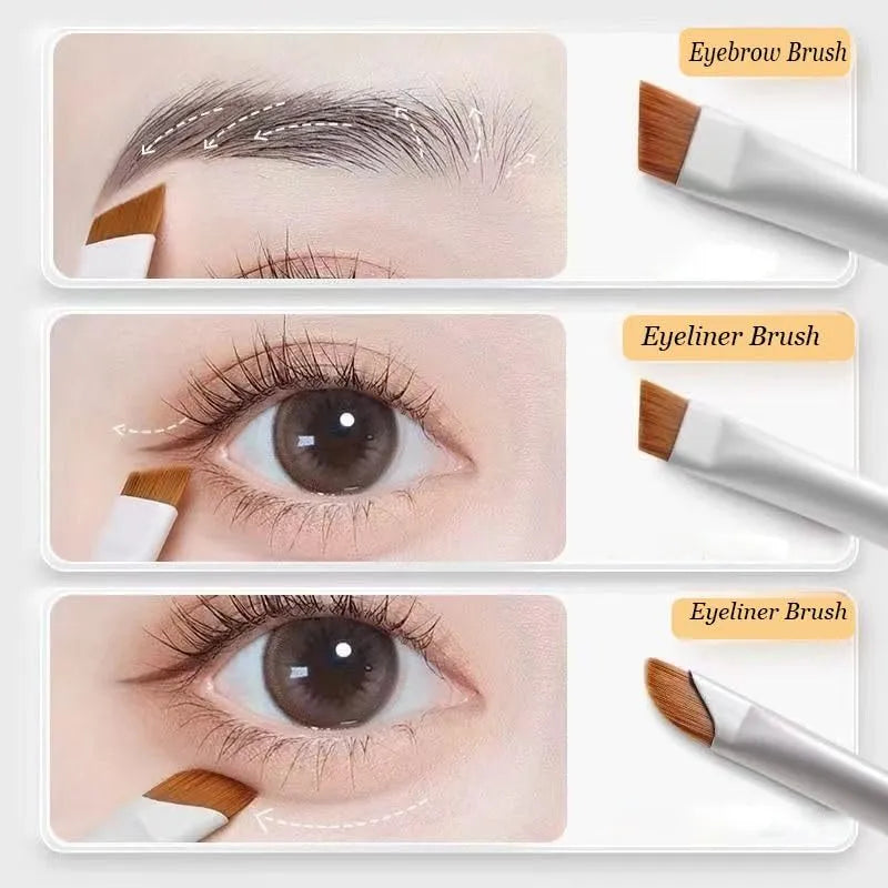 Four angled eyeliner and eyebrow brushes with fine tips in leather case for precise makeup application