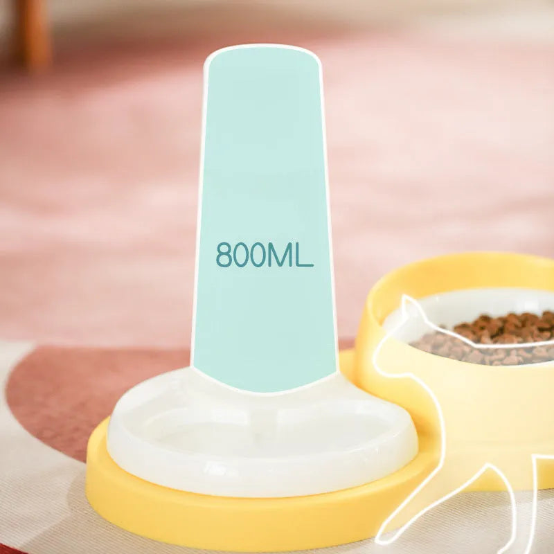 Grey and yellow dual pet bowl with raised neck protection and non-slip base