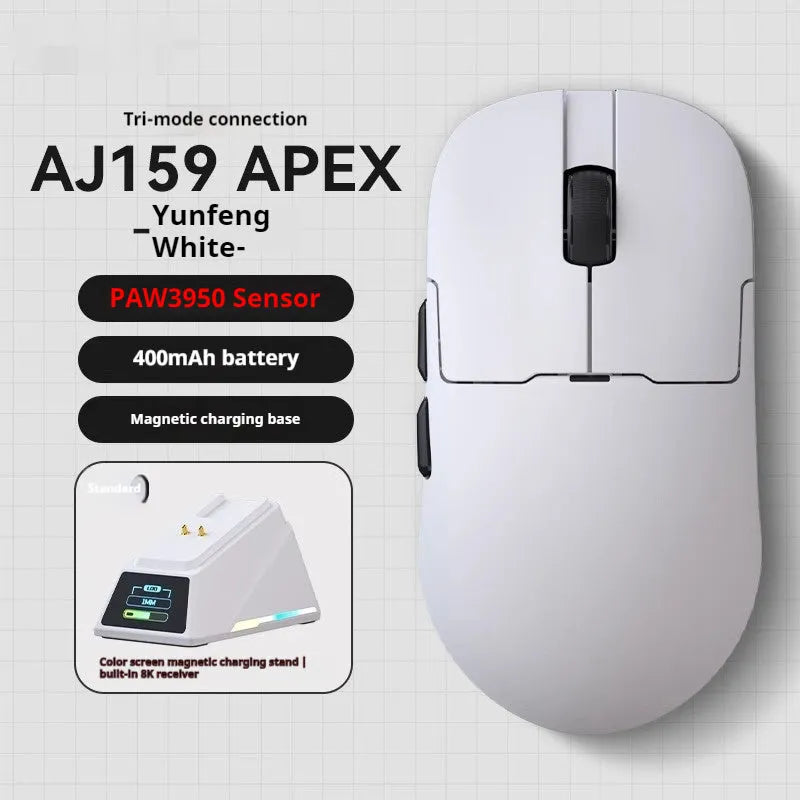 AJ159 triple-mode gaming mouse in Yunfeng White colour on a mousepad, showing its small-medium size and sleek design.
