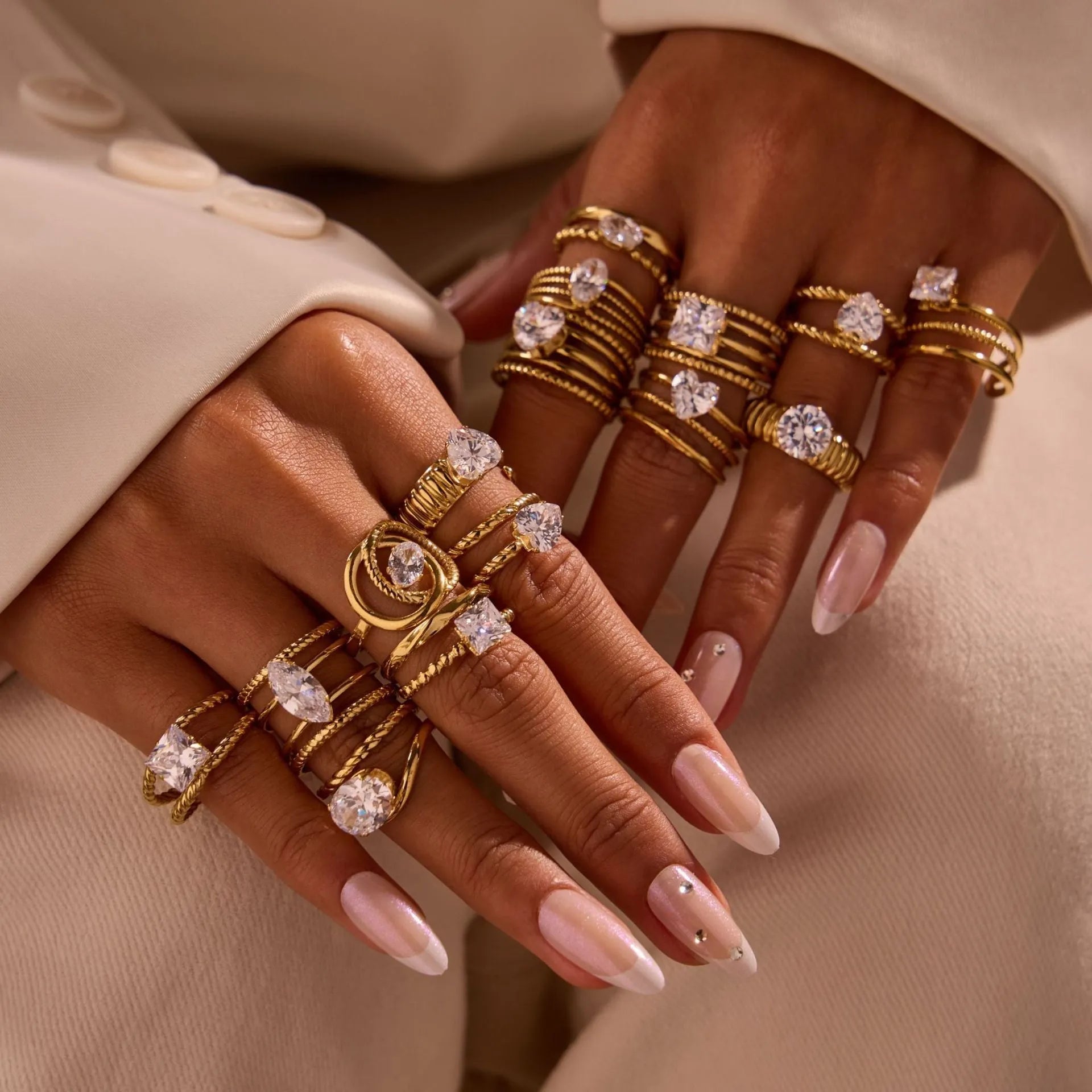 Gold electroplated stainless steel ring with zircon geometric design on adjustable open mouth band