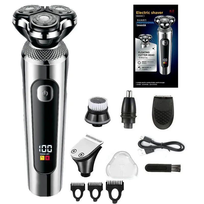 Digital USB rechargeable beard trimmer with LED display in five-in-one colour base