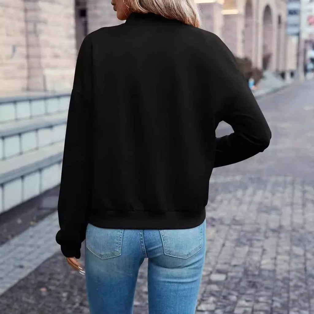 Black women's zip-front jacket with long sleeves in casual Japanese Korean style