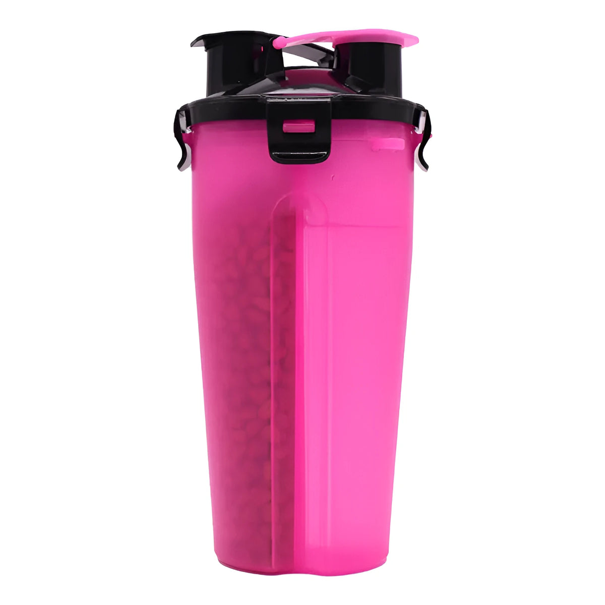 Portable white and red dog water and food cup with separate compartments for outdoor use