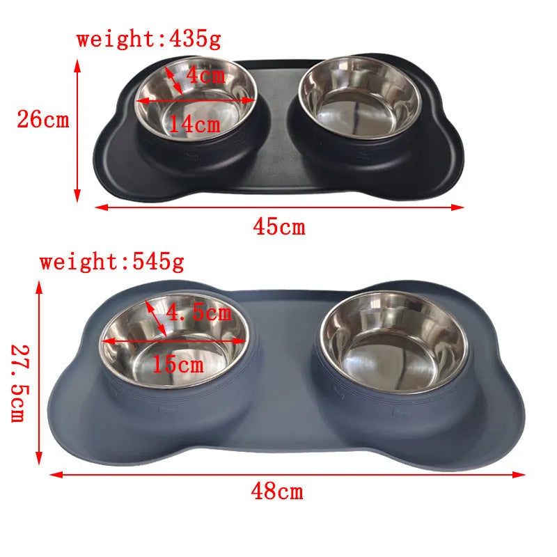 Large silicone dog bowl with a stainless steel inner insert, shown in blue on a floor.