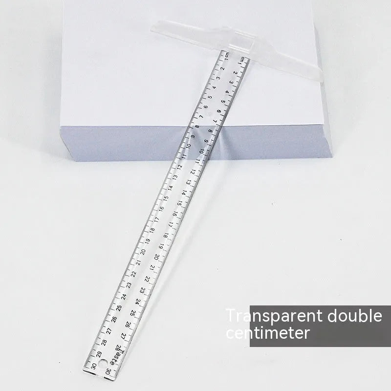 Transparent T-shaped plastic ruler with measurement scales for technical drawing
