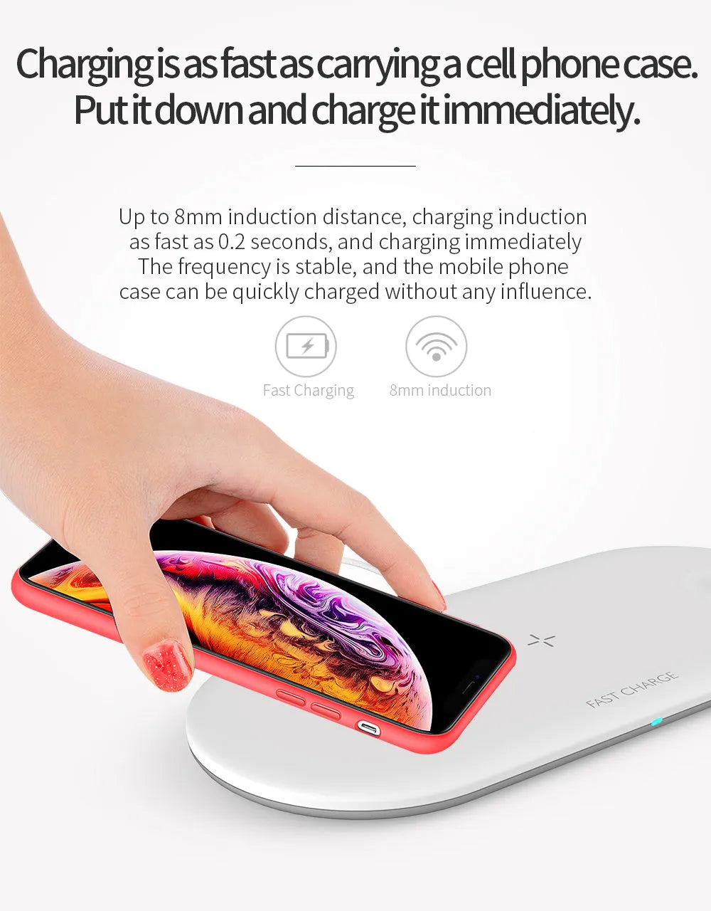 A black three-in-one desktop wireless charging station for an iPhone, an Apple Watch, and wireless headphones.