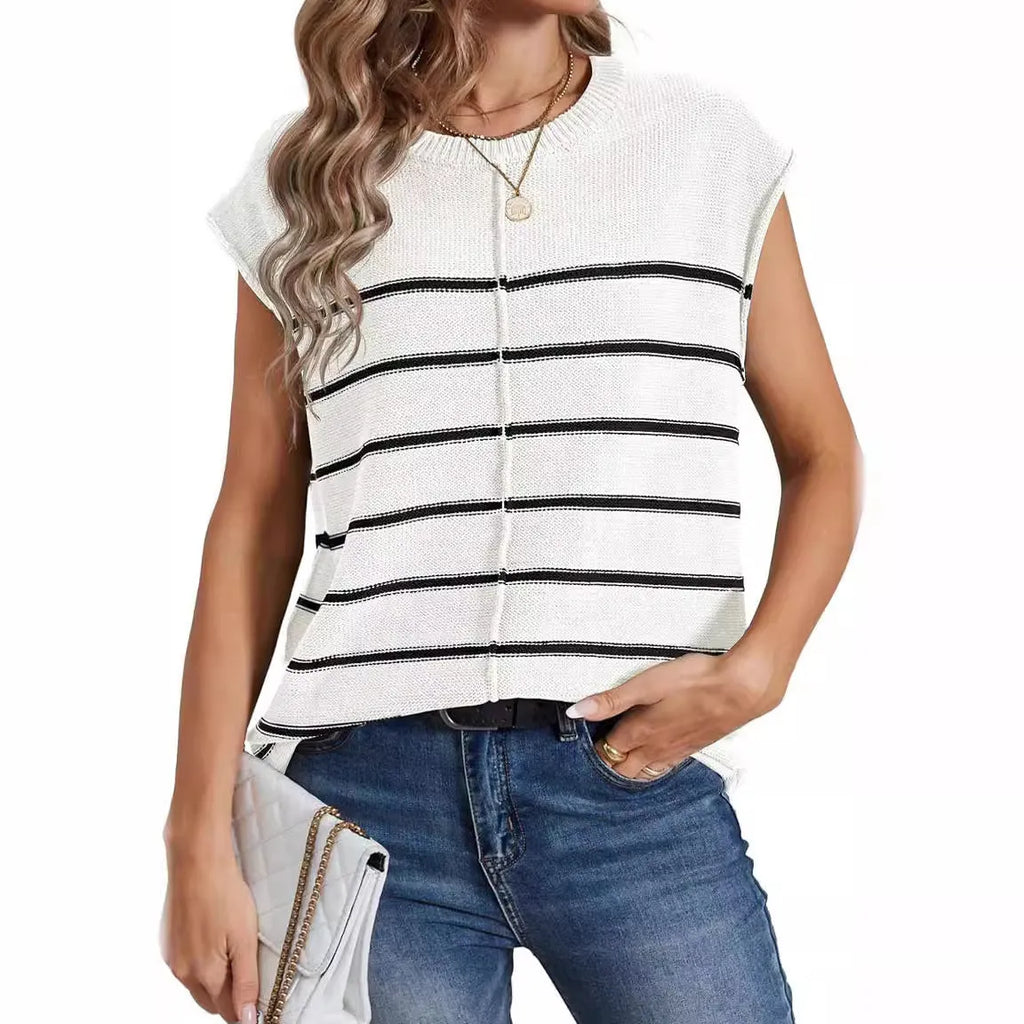 Women's striped sleeveless pullover top with bone stitch detailing in apricot colour