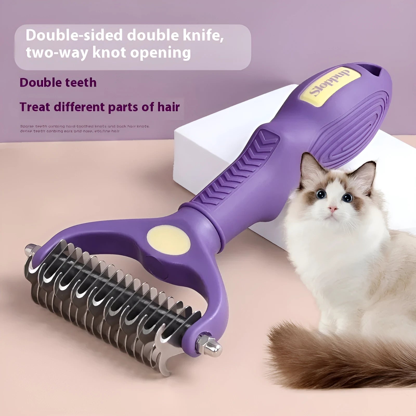 Purple plastic double-sided dog comb for removing tangles and mats from pet fur