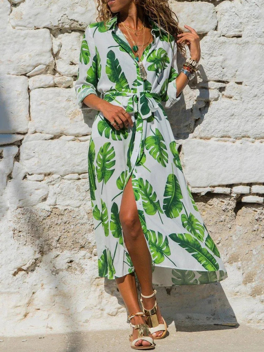Madrid Vintage Chiffon V-neck A-line dress with high waist and printed pattern in polyester fabric available in multiple colours