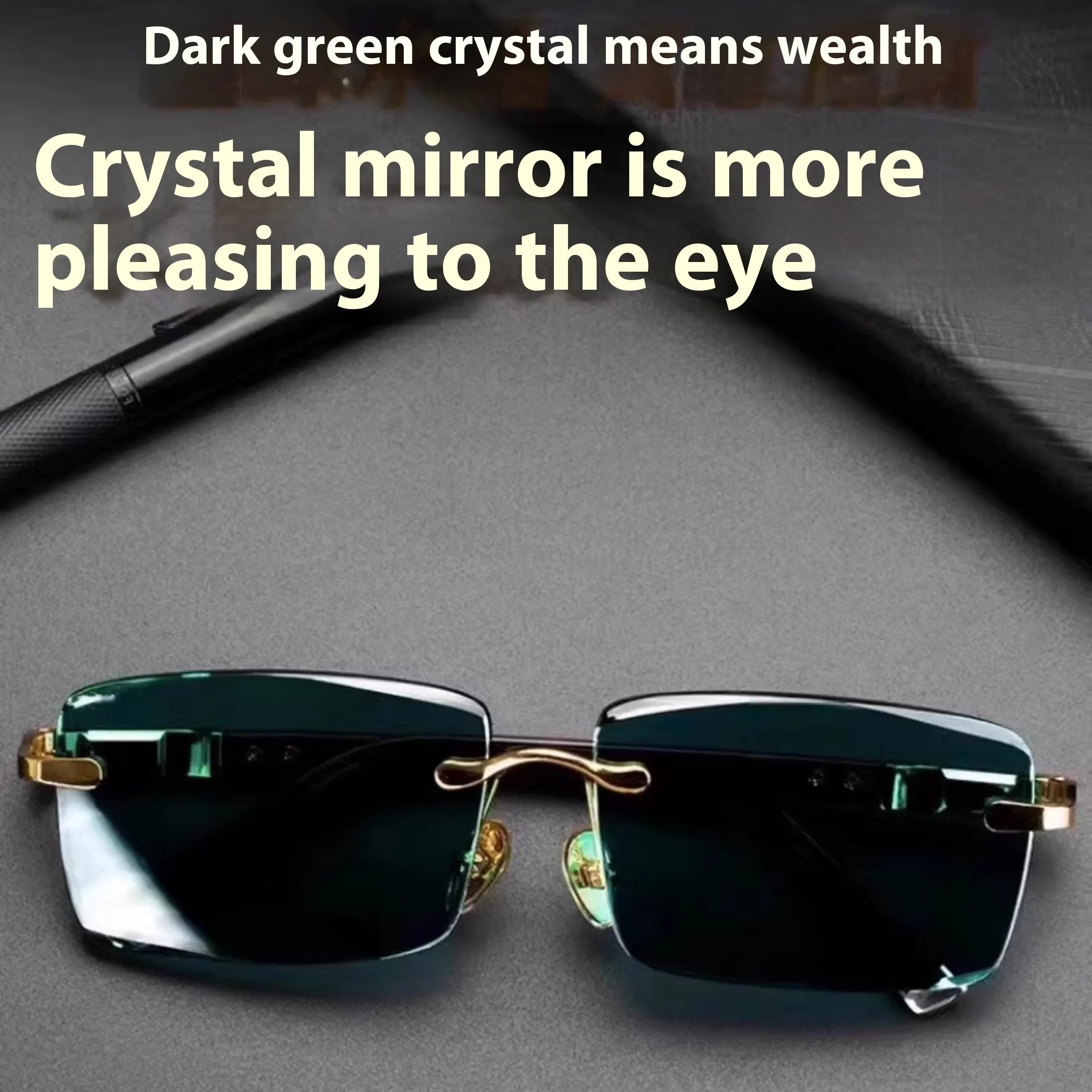 Frameless dark green crystal sunshade glasses with protective case and cleaning cloth