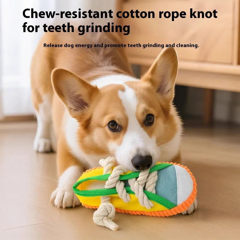 Yellow plastic dog chew toy with sound effects for molar relief and interactive play.
