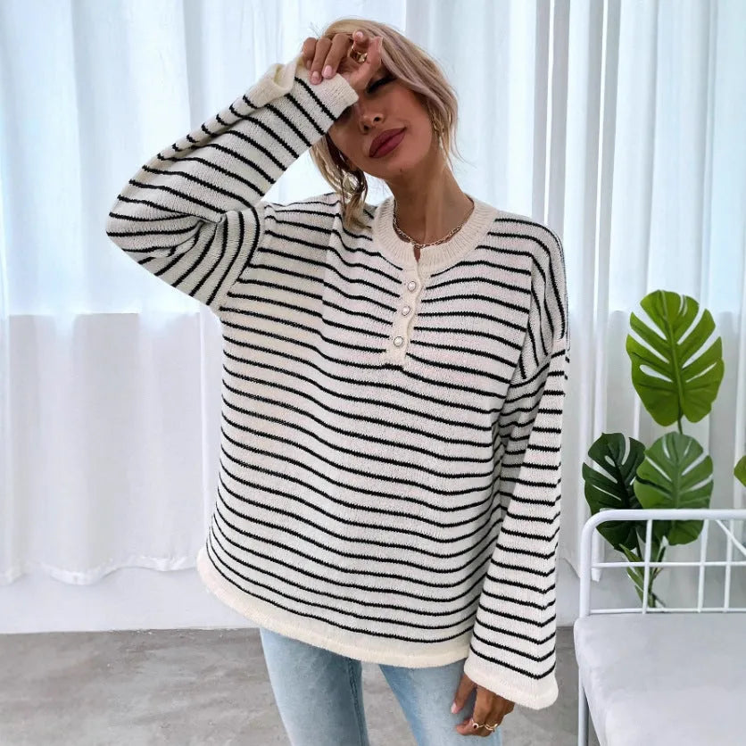 Women's black striped loose long sleeve viscose top with drop-shoulder design