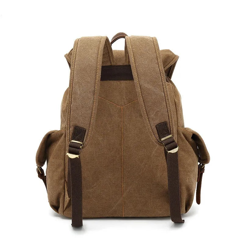 Retro wear resistant canvas backpack in military green with antique bronze hardware, showing front and side profiles.