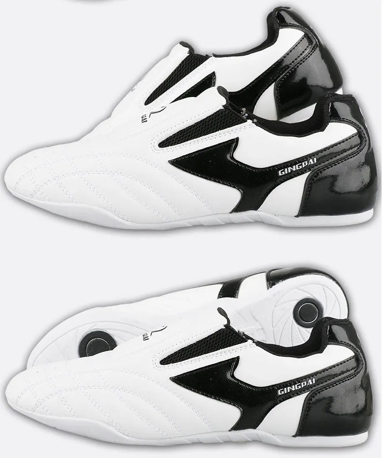 Children's black and white boxing shoes with soft bottom and widened design for martial arts training