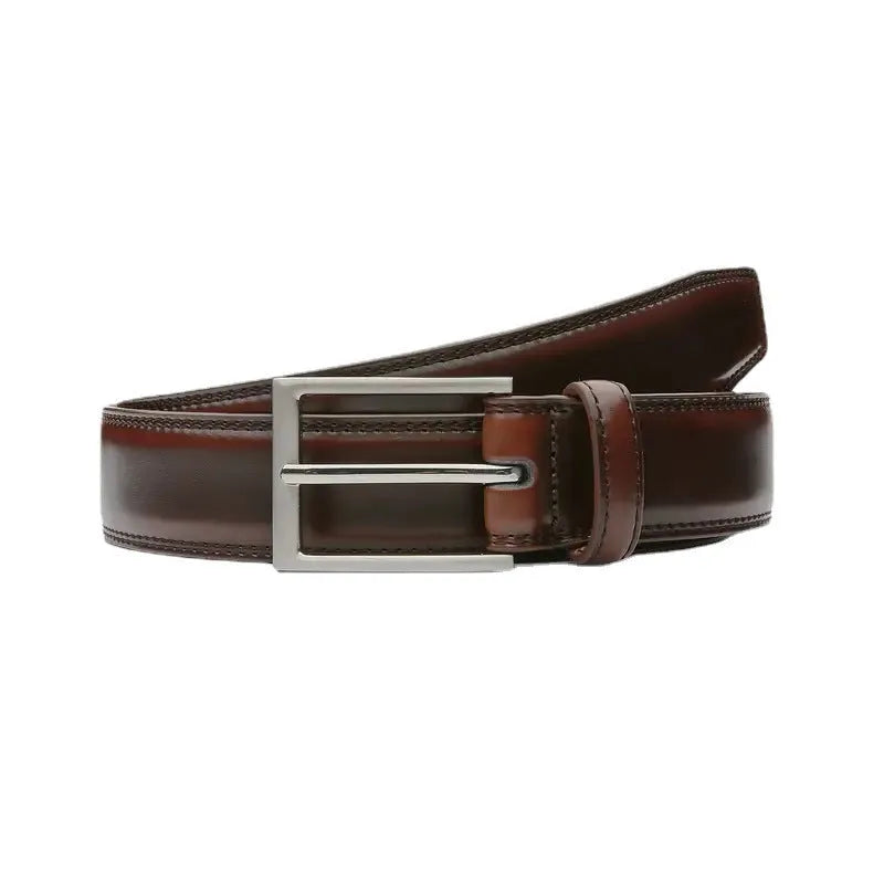 Men's brown genuine leather belt with wild grain pattern and alloy buckle on a white background