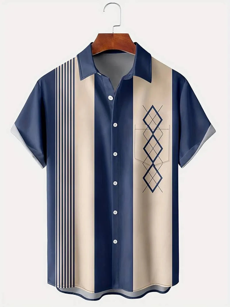Men's loose fit short-sleeved lapel shirt with a printed plaid pattern, shown in a choice of colours.