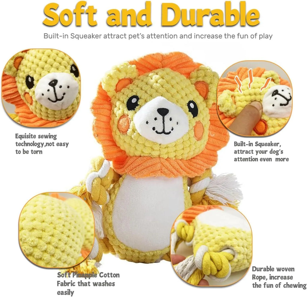 Plush lion and monkey squeaky dog toys side by side on a neutral background.
