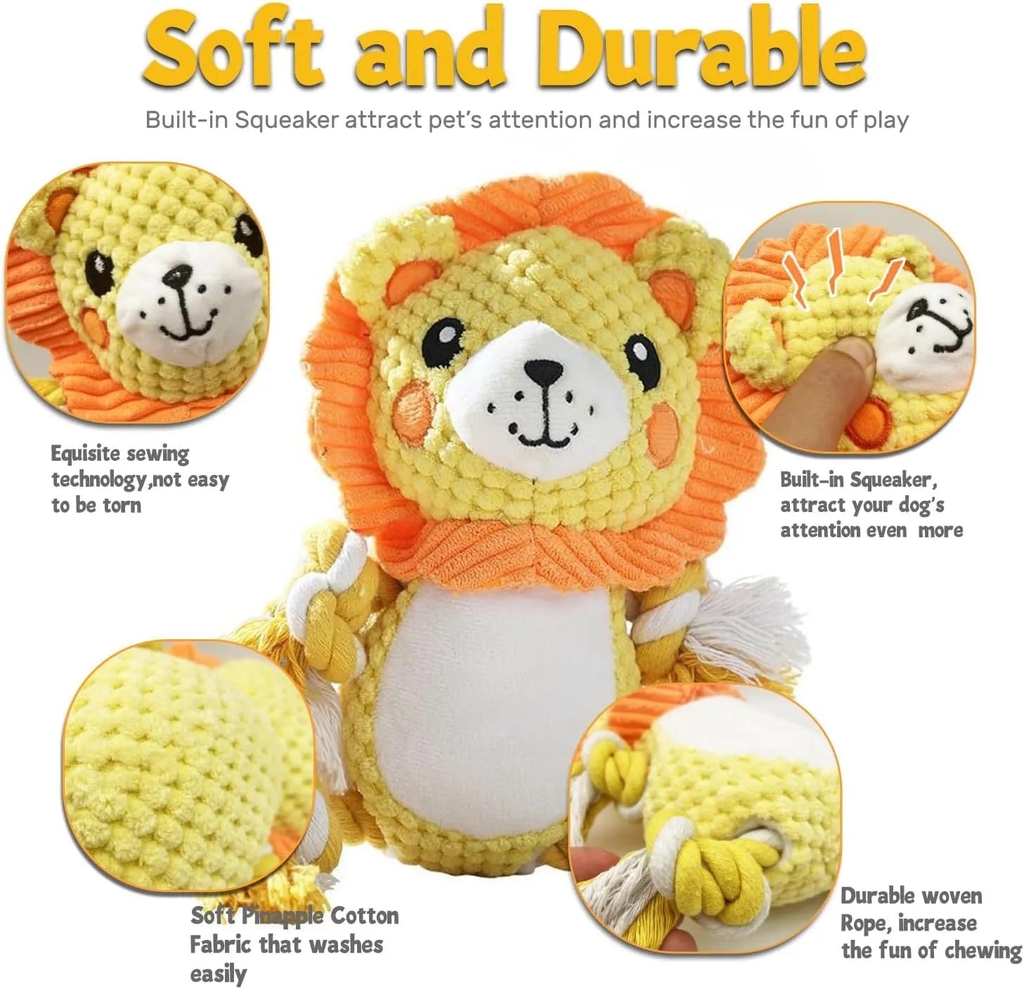 Plush lion and monkey squeaky dog toys side by side on a neutral background.