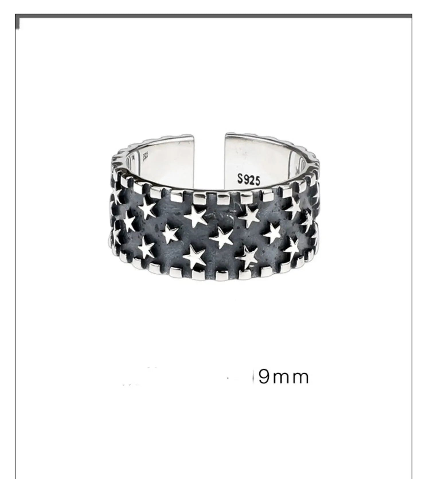 Pure silver ring with multiple five-pointed star patterns and adjustable opening