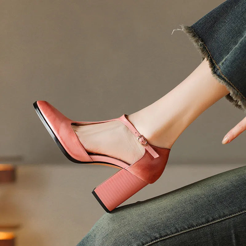 Baotou hollow women's retro pointed Mary Jane shoes in dark brown with buckle fastening