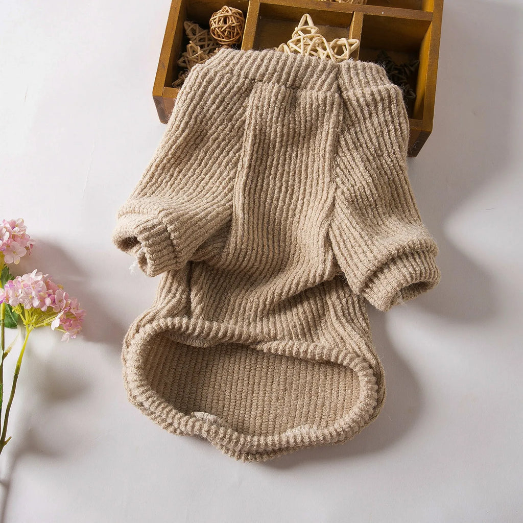 Brown cloth pullover sweater on small dog showing casual style and size fit