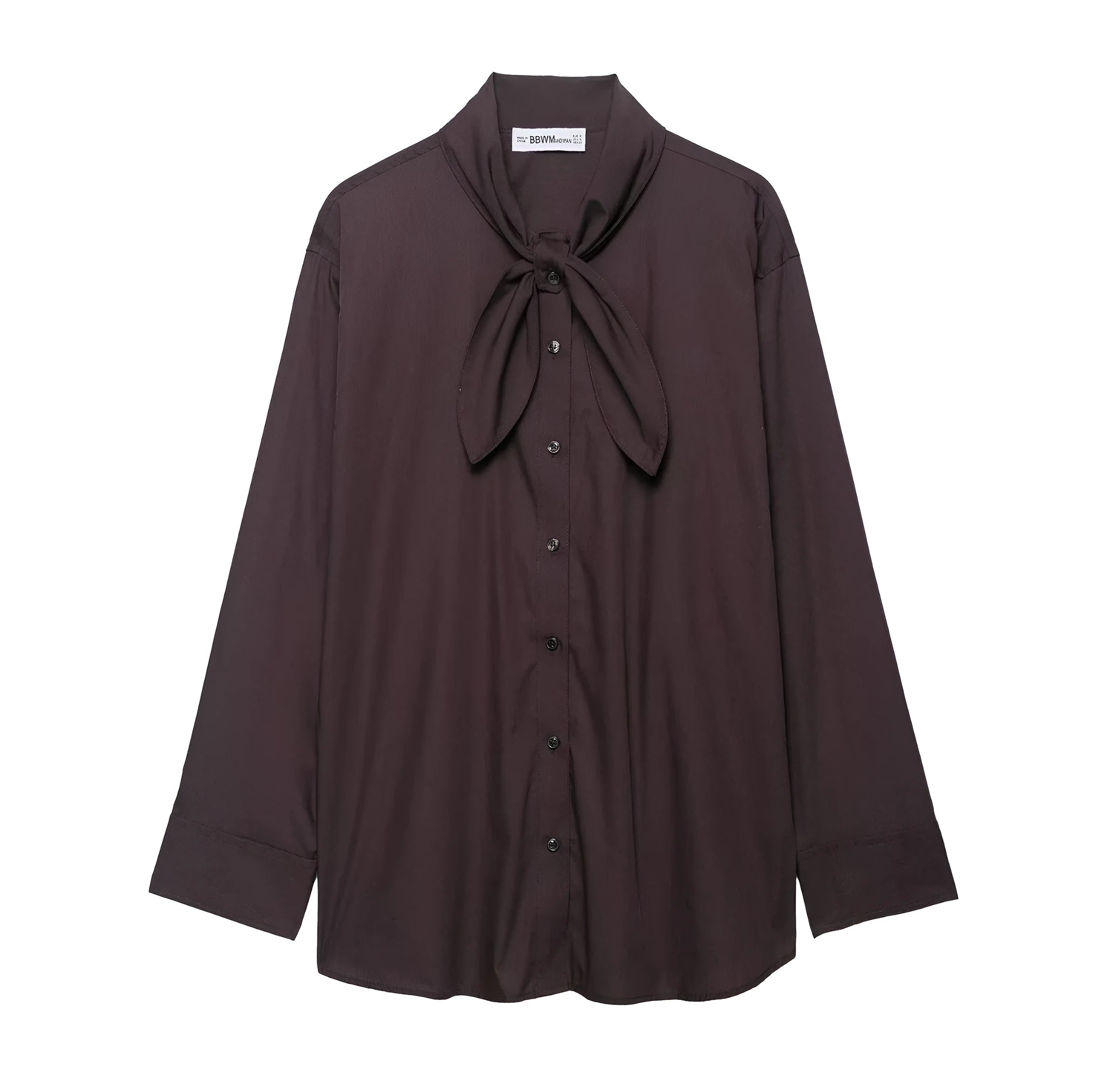 Brown women's poplin shirt with integrated bow tie scarf, cardigan style with long sleeves