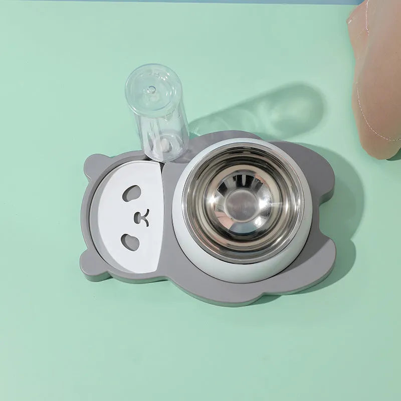 Grey elevated pet bowl set with tilted stainless steel bowls and automatic water bottle