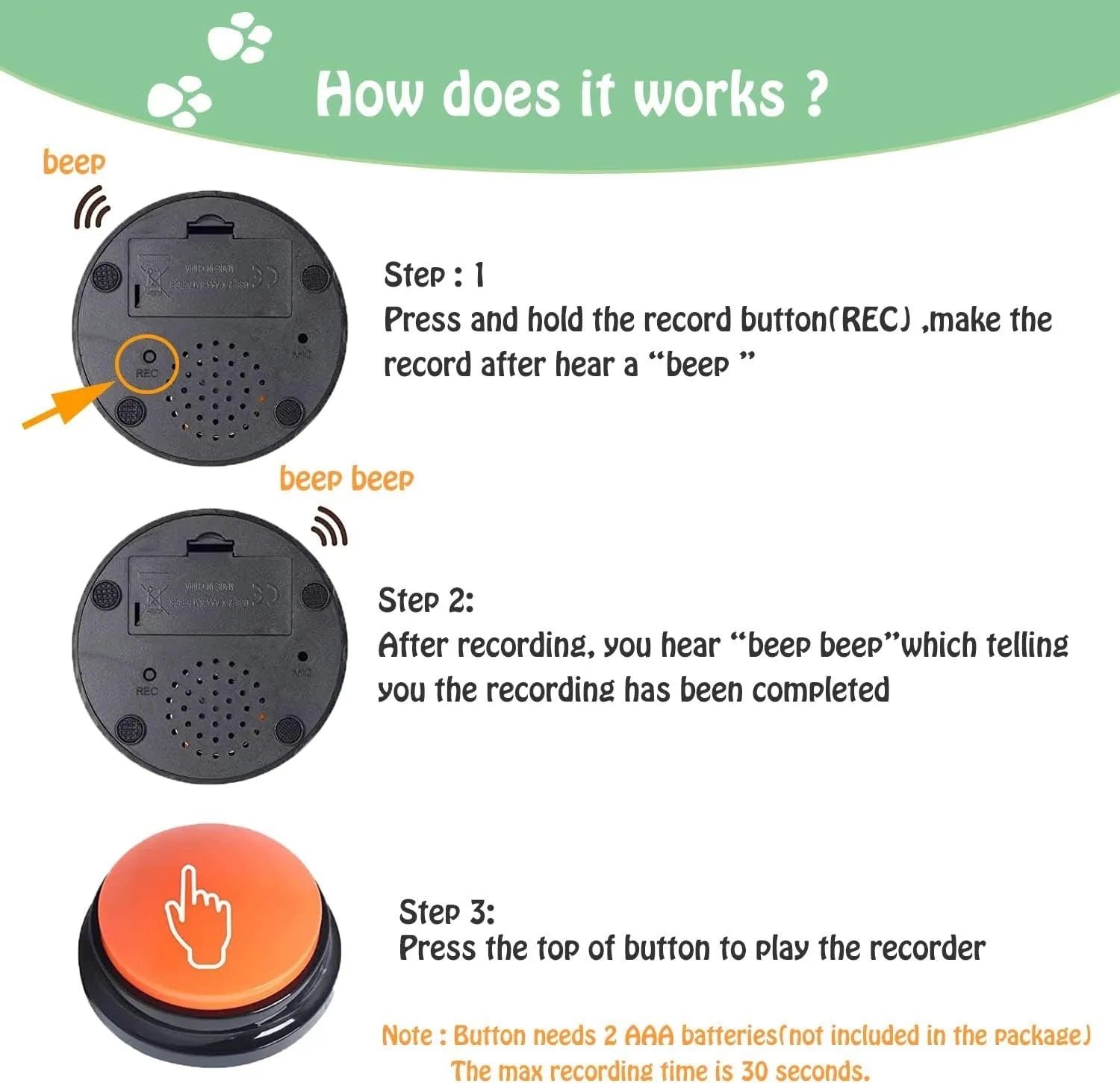 Voice recording button for pet training in blue, green, orange, purple, or red with 30-second playback function