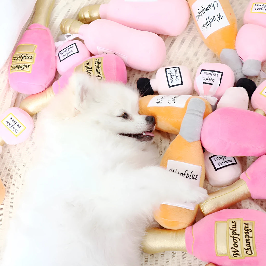 Plush wine bottle dog chew toy with squeaker for small medium dogs in multiple colour options
