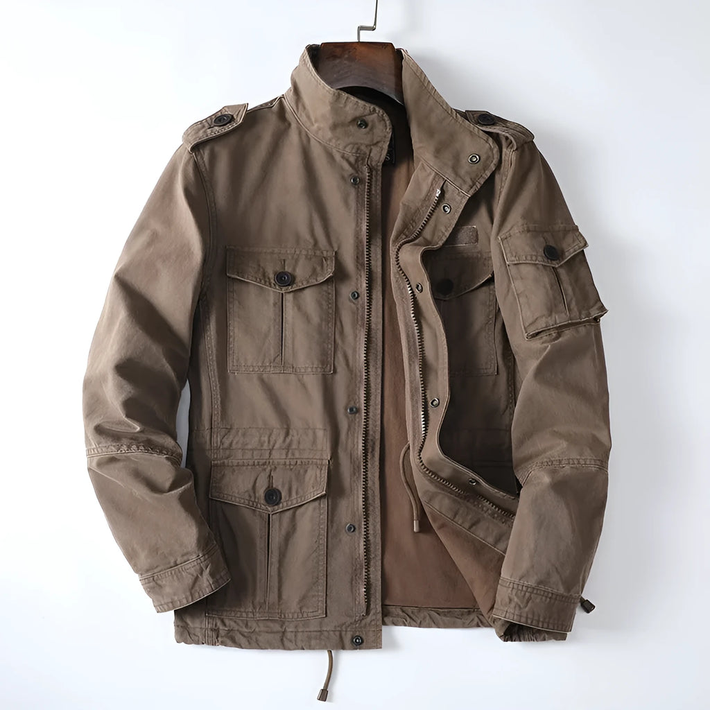Men's loose-fit casual zip-up jacket in cotton twill, shown in light brown.