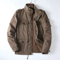 Men's loose-fit casual zip-up jacket in cotton twill, shown in light brown.