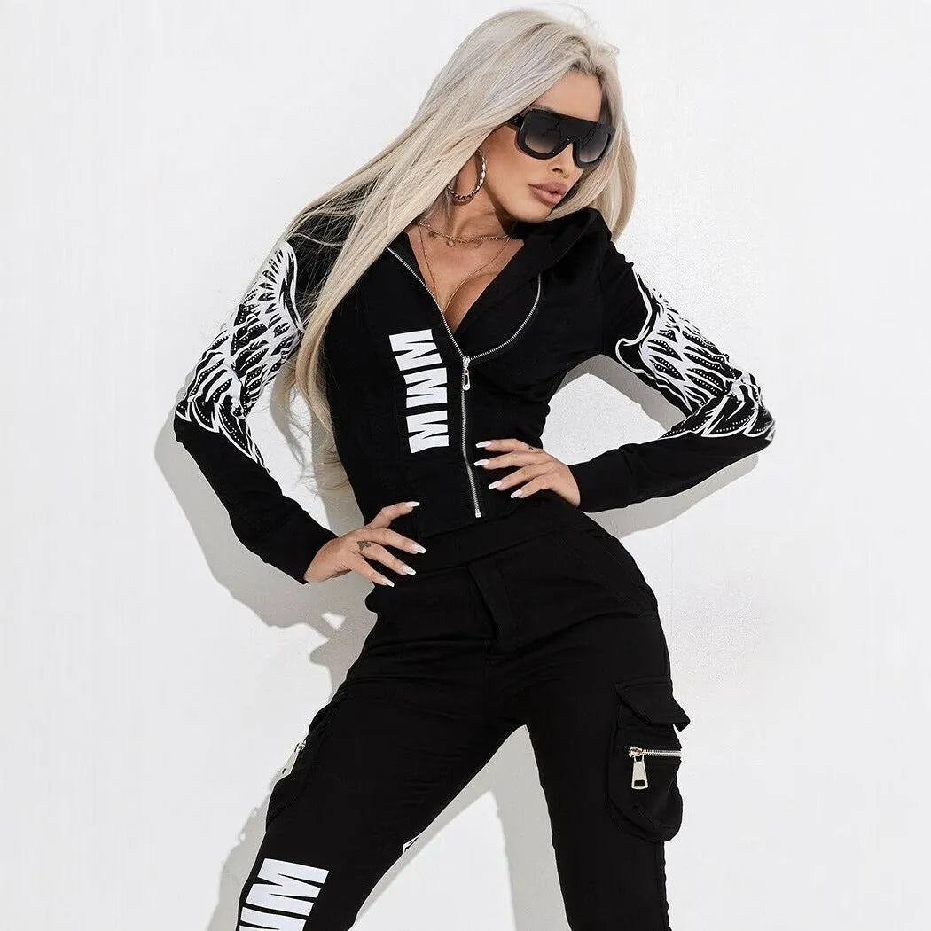 Black women's casual suit with wings print on hooded top and trousers, front zipper detail.