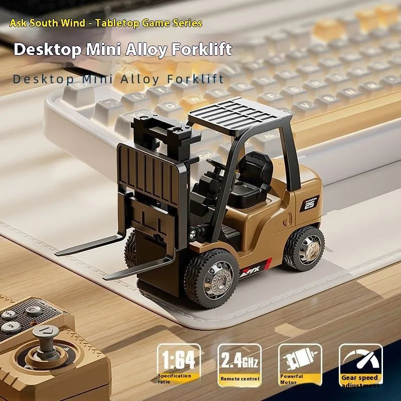 Bluetooth remote controlled 1:64 scale alloy forklift model toy with cargo forks and pallet.