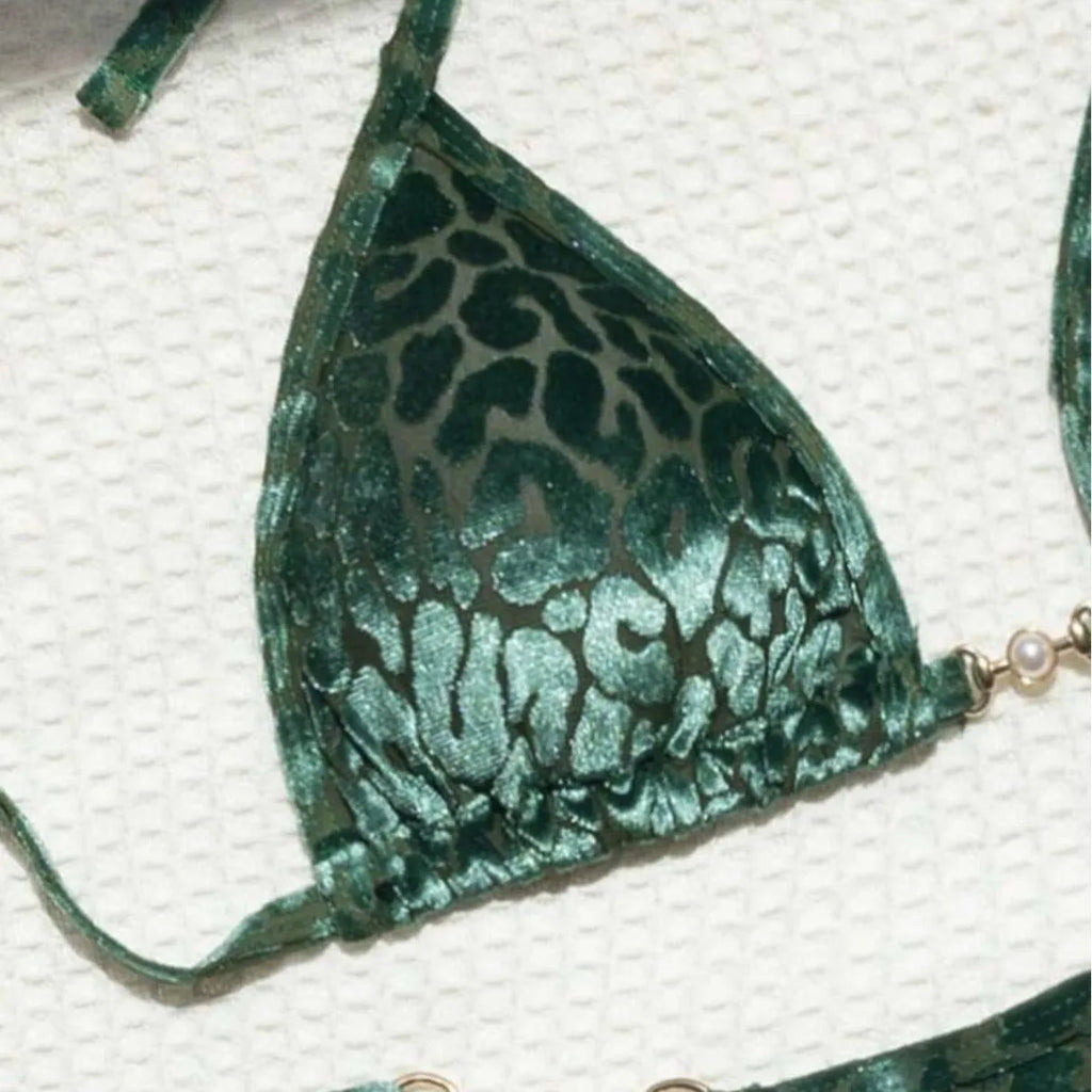 Blue leopard print T-shaped swimsuit bikini with polyester fabric and spandex stretch