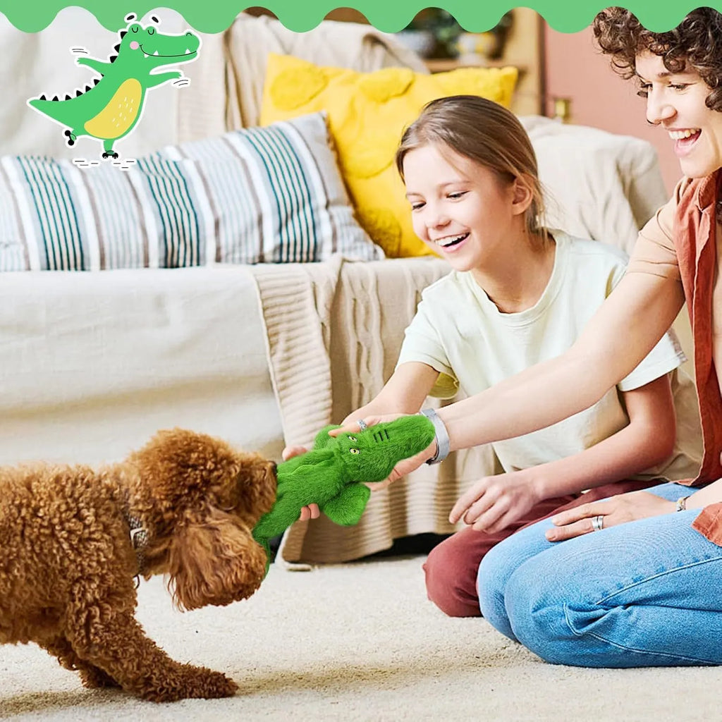Green crocodile-shaped plush dog chew toy with no-stuffing construction