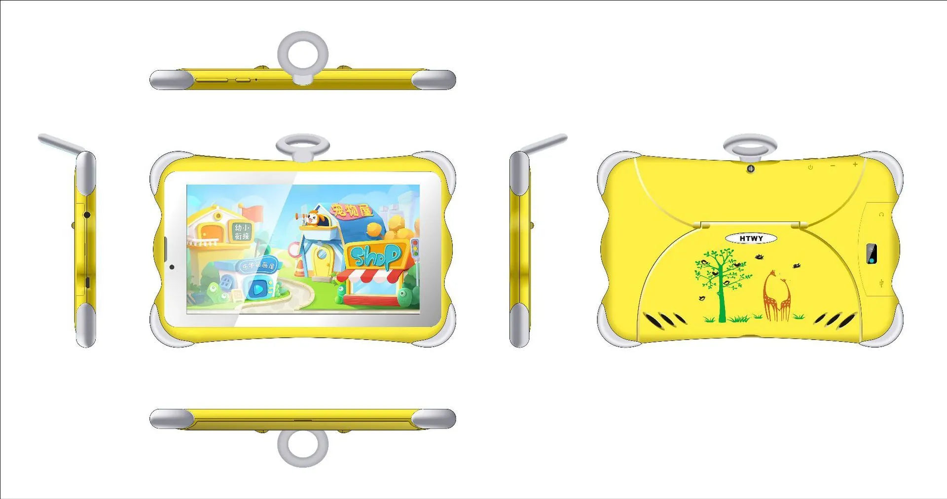 7-inch children's learning tablet in cartoon colours with protective stand, showing IPS screen and 3G calling capability