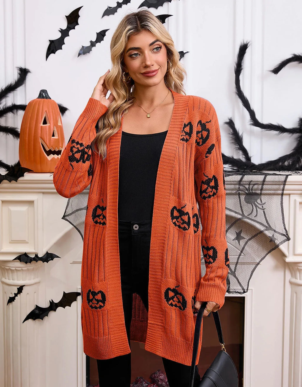 Women's black Halloween cardigan with pumpkin head jacquard pattern, medium length acrylic knit
